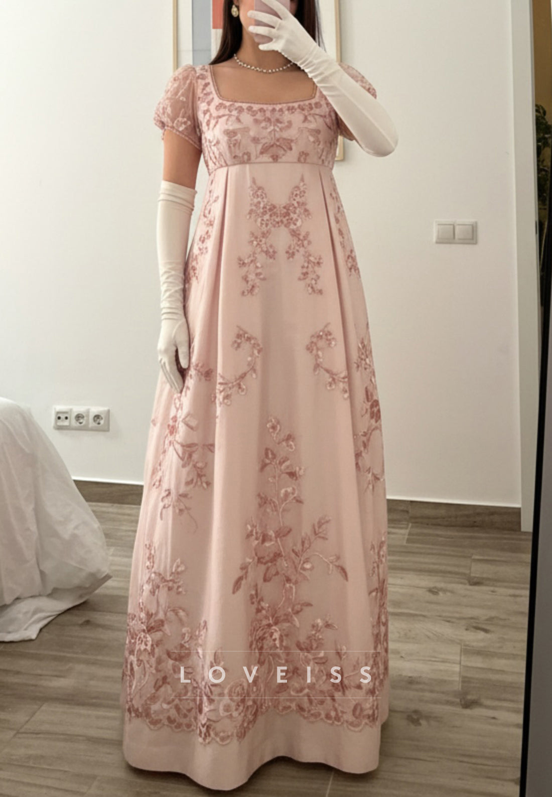 Regency Empire Waist Embroidered Evening Gown