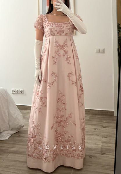 Regency Empire Waist Embroidered Evening Gown