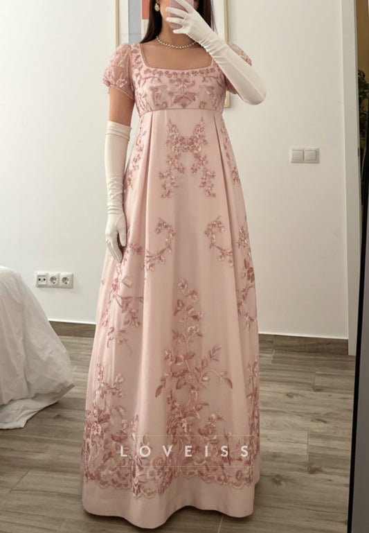 Regency Empire Waist Embroidered Evening Gown