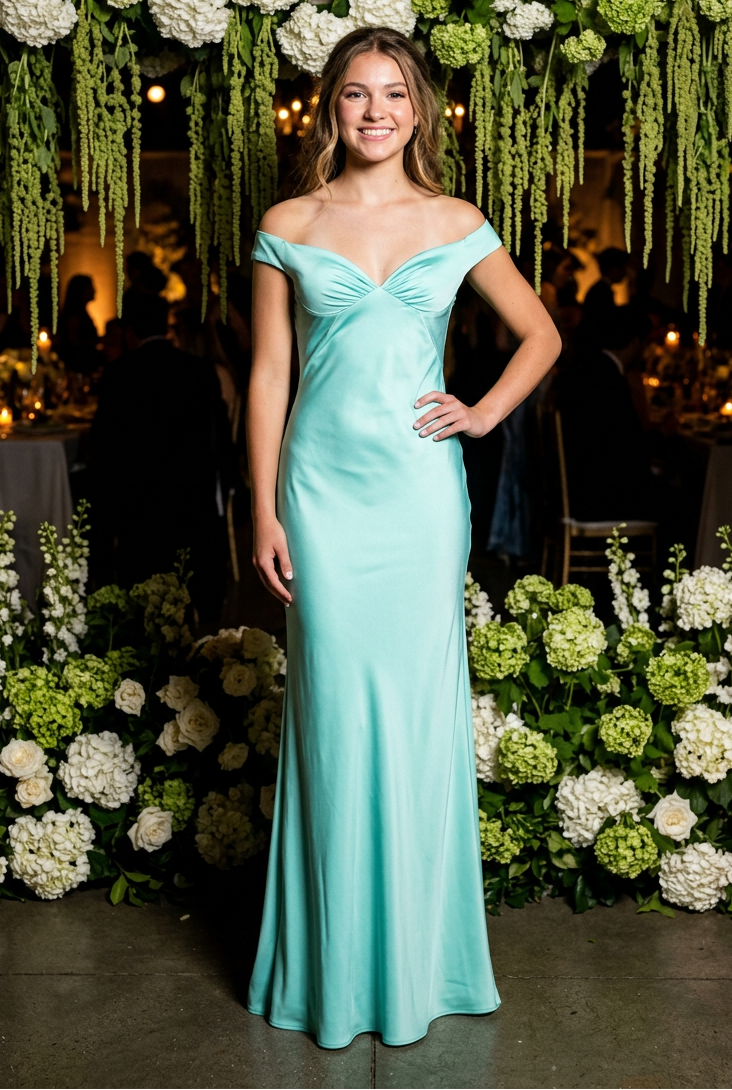 Off-the-Shoulder Ruched Bust Satin Maxi Gown