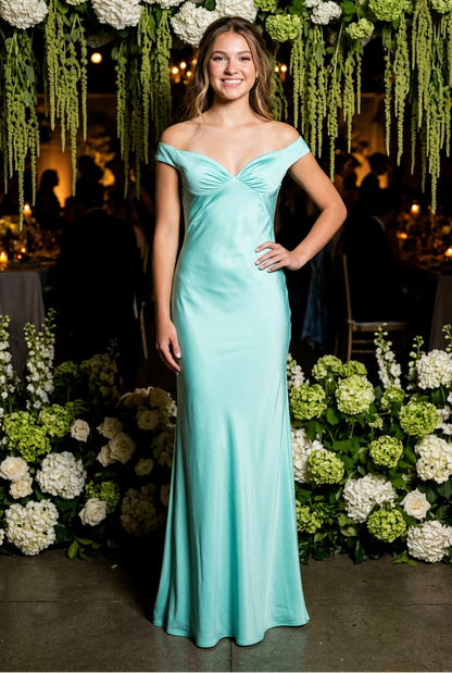 Off-the-Shoulder Ruched Bust Satin Maxi Gown