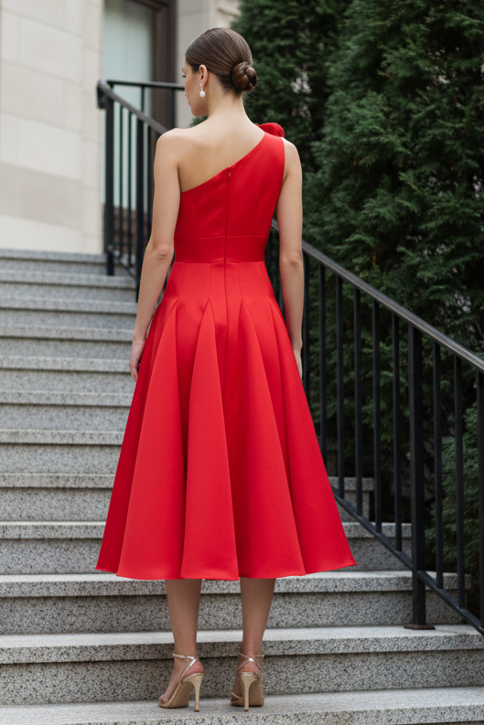One-Shoulder Floral Appliqué Midi Dress