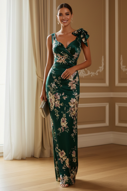 Floral Print Satin Column Maxi Dress with Shoulder Bow
