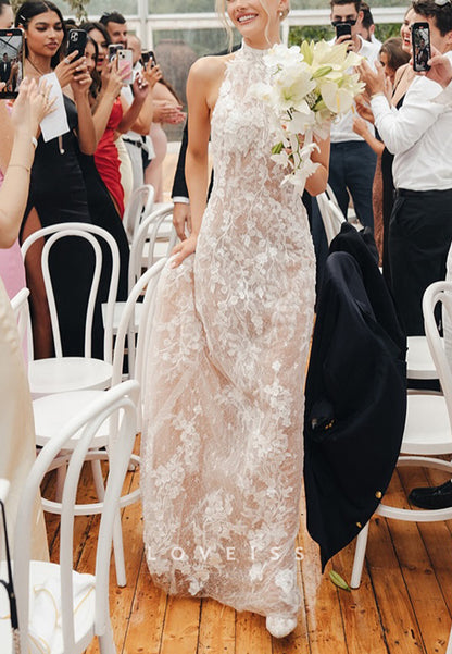 High Neck Lace Open Back Wedding Dress