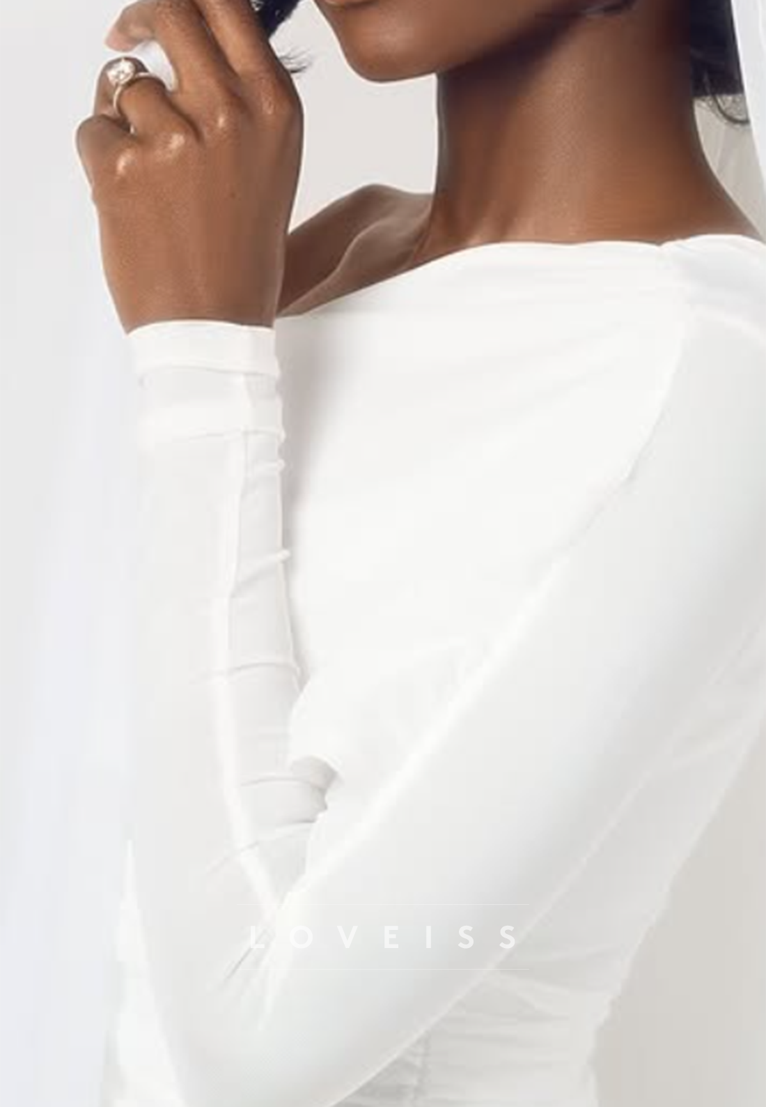 One-Shoulder Long Sleeve Gown with Draped Train