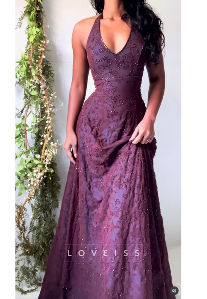 Beaded Halter V-Neck A-Line Formal Gown