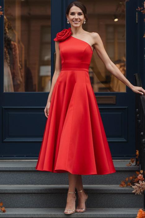One-Shoulder Floral Appliqué Midi Dress