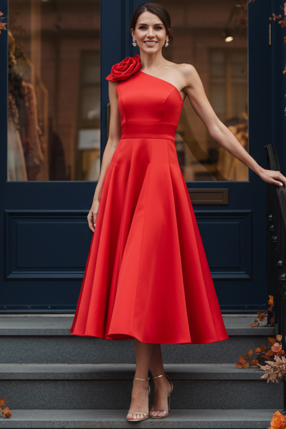 One-Shoulder Floral Appliqué Midi Dress