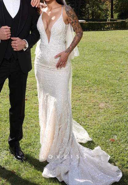 Deep V-Neck Sequin Mermaid Wedding Dress