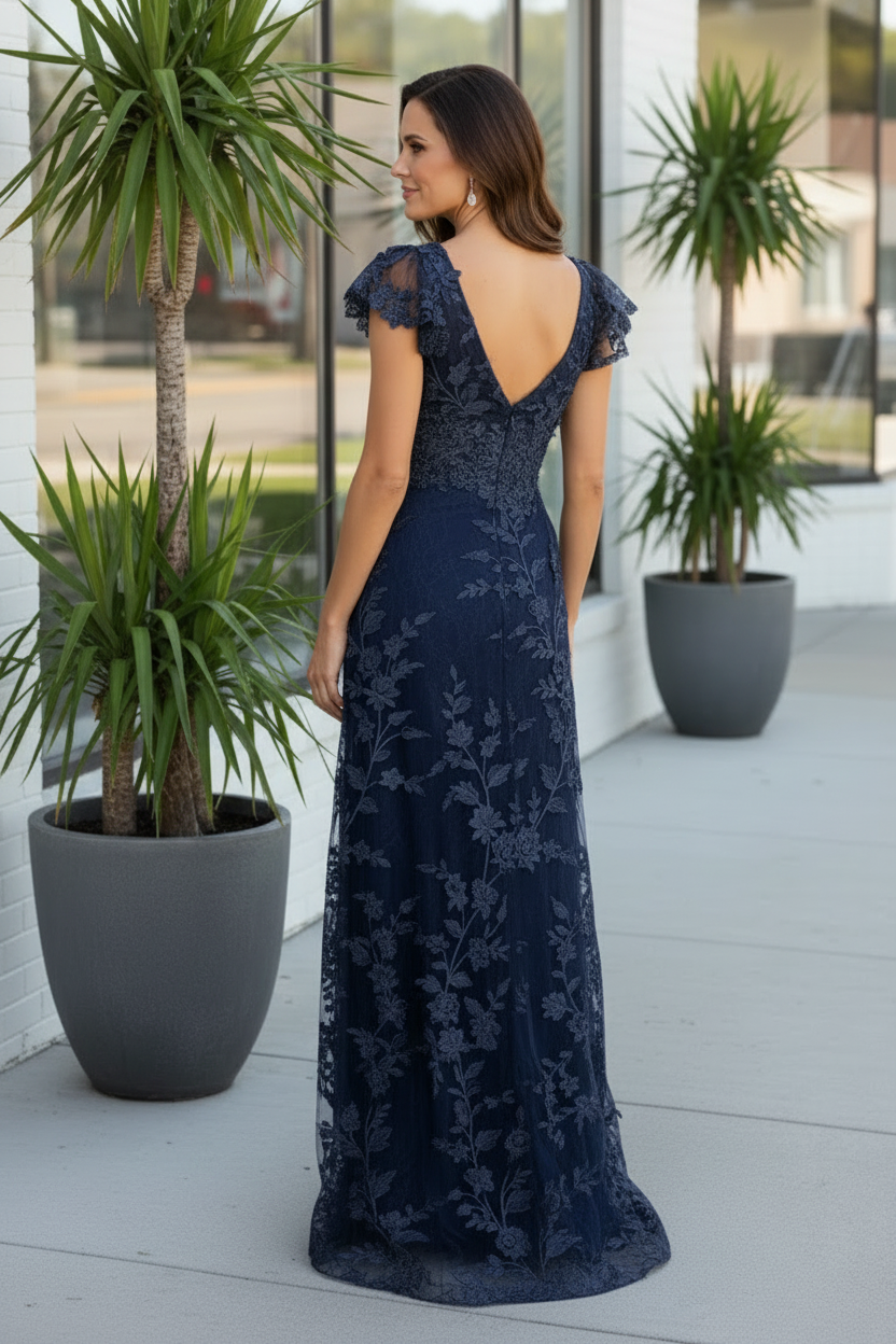Floral Lace Flutter Sleeve Floor-Length Gown