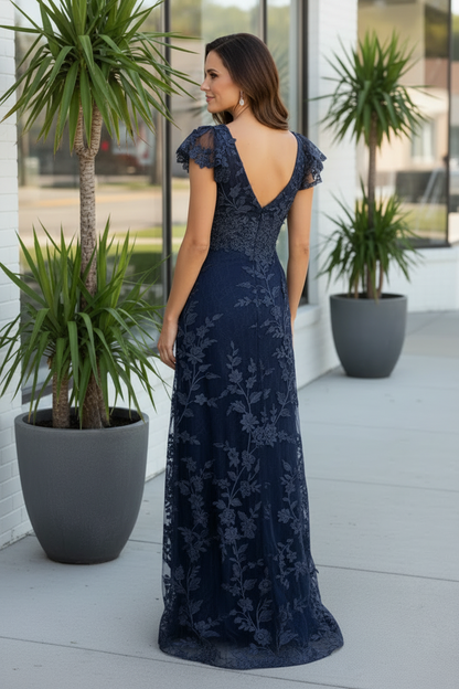 Floral Lace Flutter Sleeve Floor-Length Gown