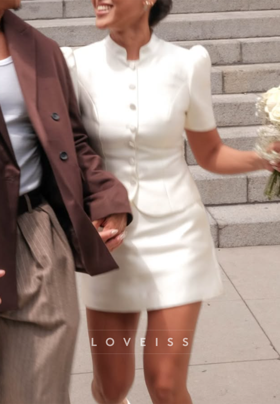 Short Sleeve Buttoned Mini Wedding Dress