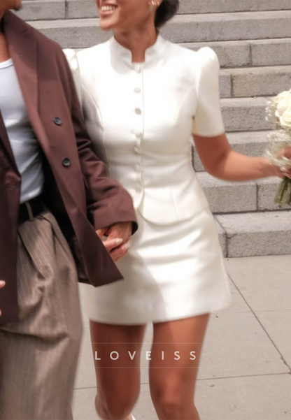 Short Sleeve Buttoned Mini Wedding Dress