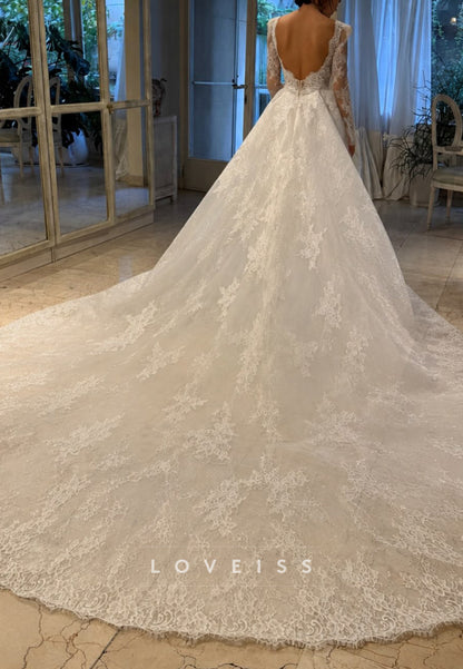 Long Sleeve Lace Mermaid Wedding Dress with Overskirt Train