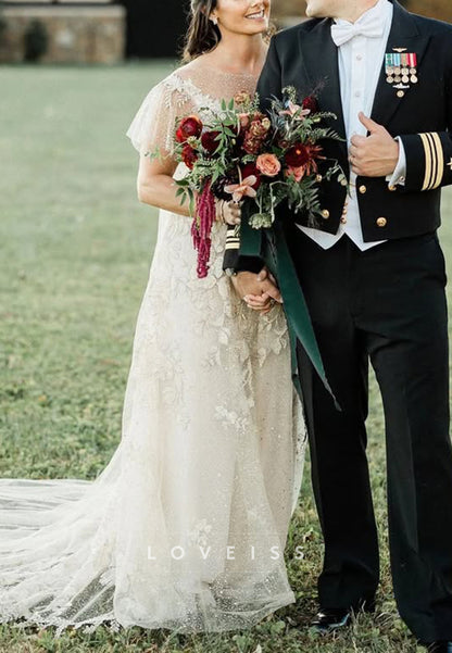 A-Line Lace & Glitter Tulle Bridal Gown with Cape