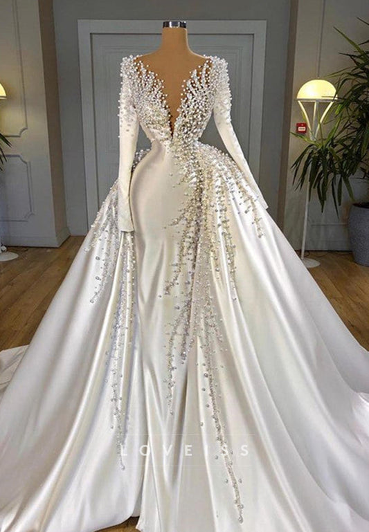 Pearl Beaded Mermaid Wedding Gown with Overskirt