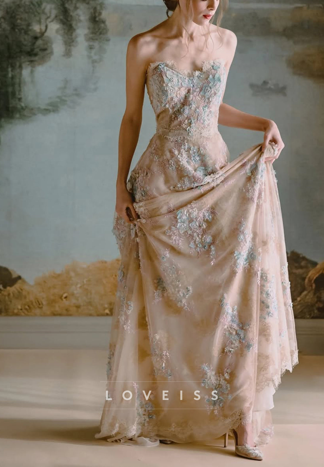 Strapless Floral Applique Tulle A-Line Gown