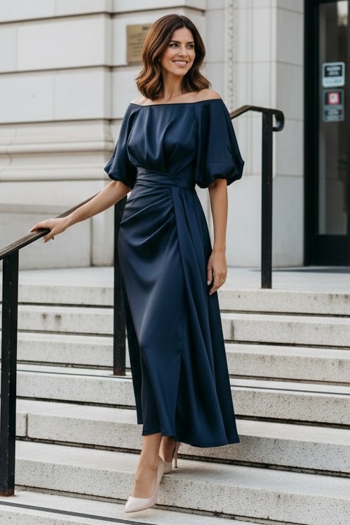 Off-the-Shoulder Satin Puff Sleeve Midi Dress