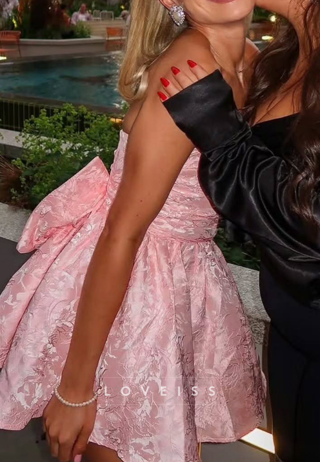 Strapless Jacquard Mini Dress with Back Bow