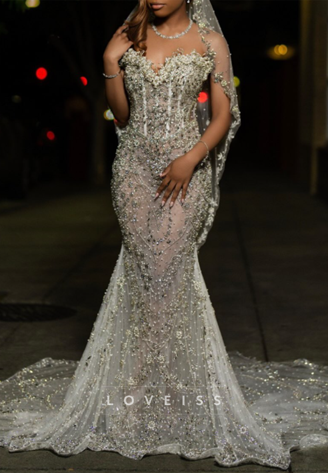 Beaded Corset Mermaid Gown with Sweep Train