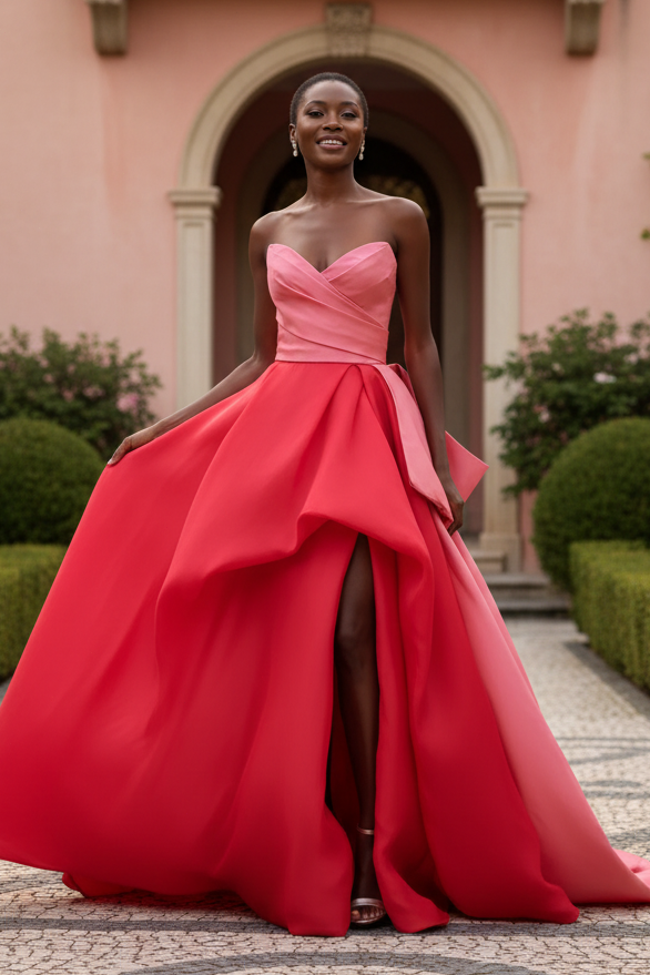 Strapless Sweetheart High Slit Gown with Cascading Train