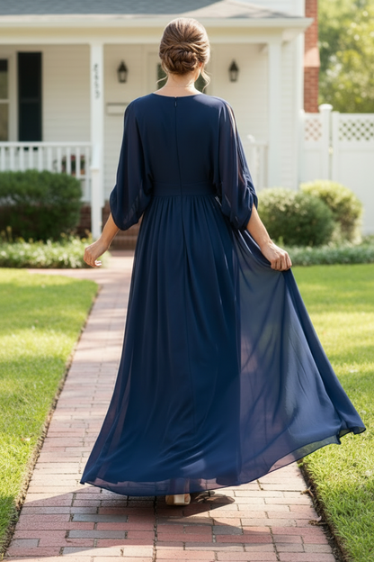 Pleated V-Neck Chiffon Maxi Dress with Split Sleeves