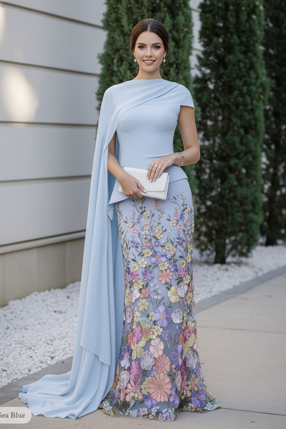 Cape Sleeve Floral Embroidered Evening Gown