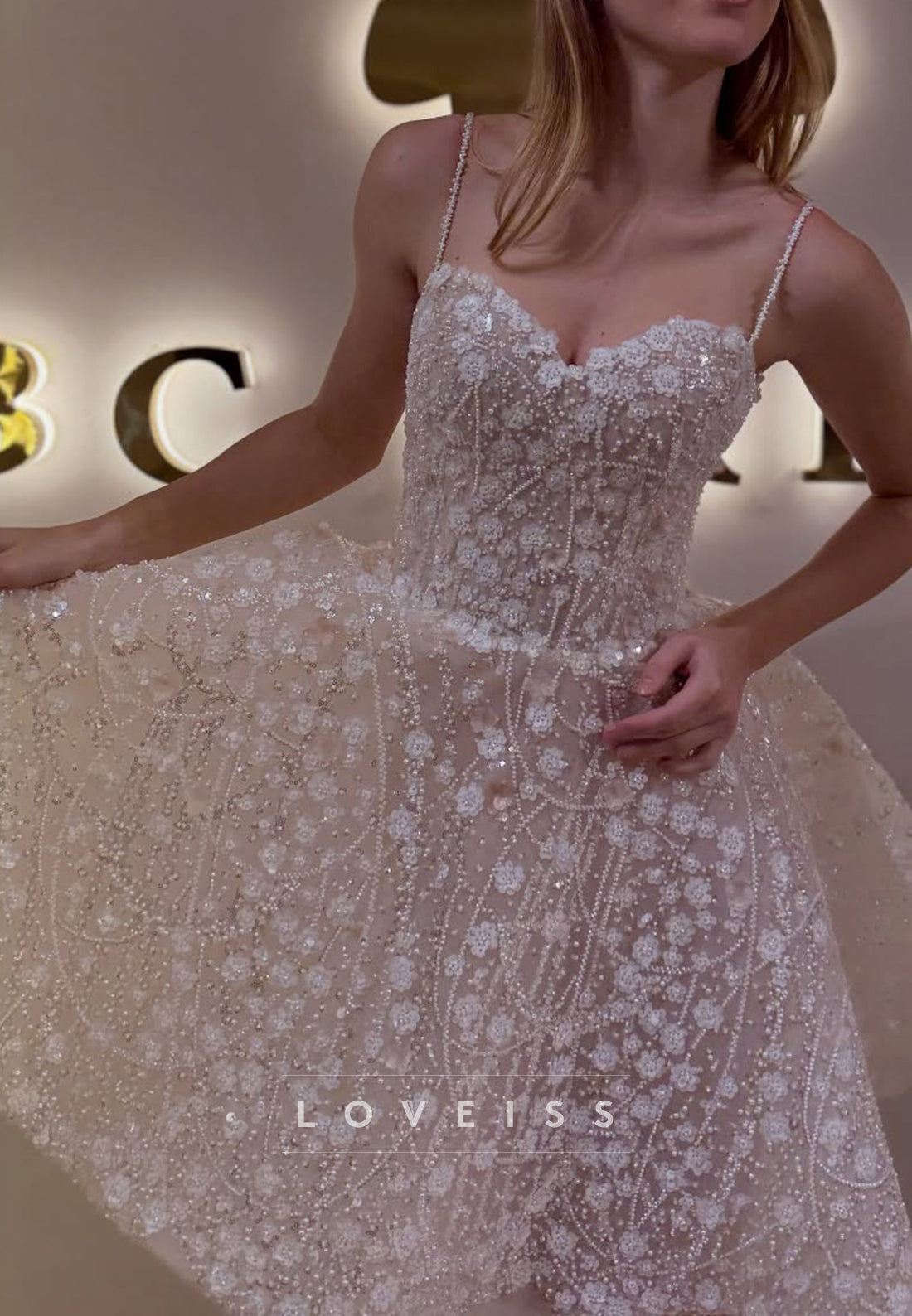 Floral Beaded Pearl Applique Mini Dress