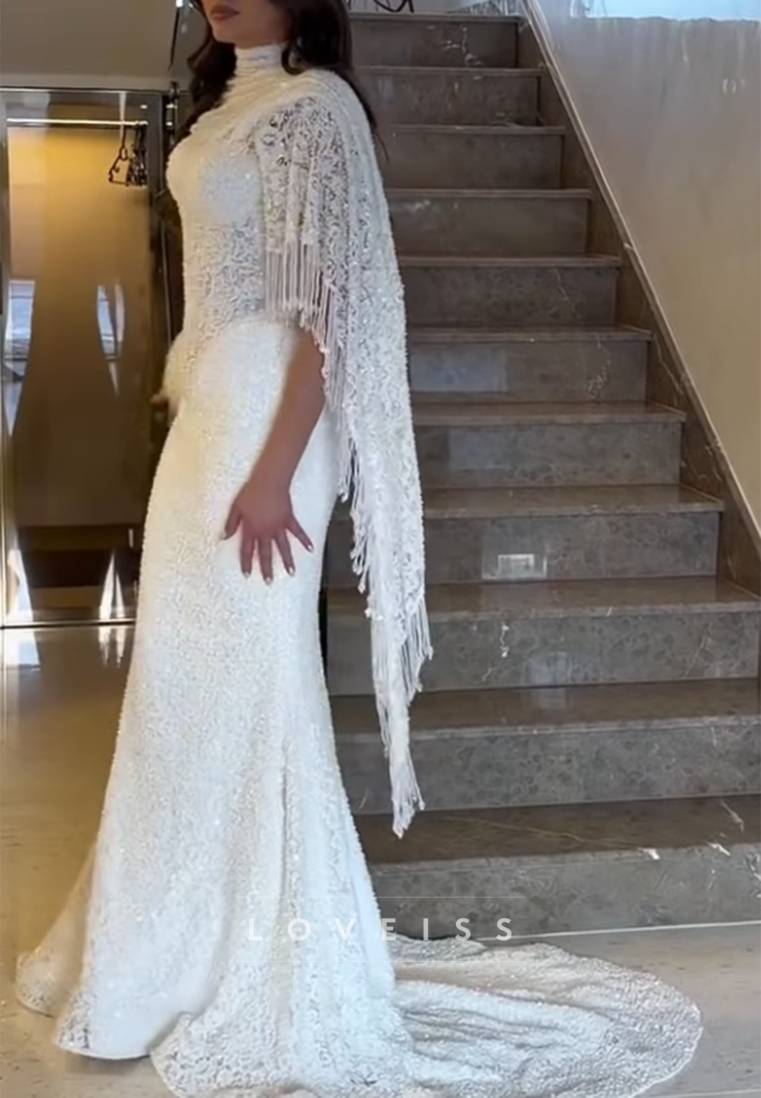 High Neck Lace Mermaid Wedding Dress with Cape