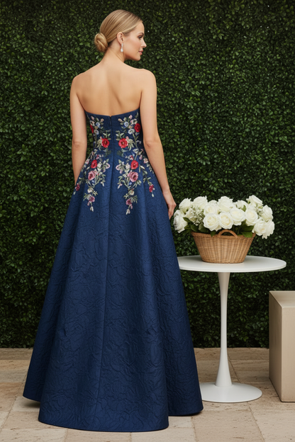 Strapless Embroidered Jacquard A-Line Gown