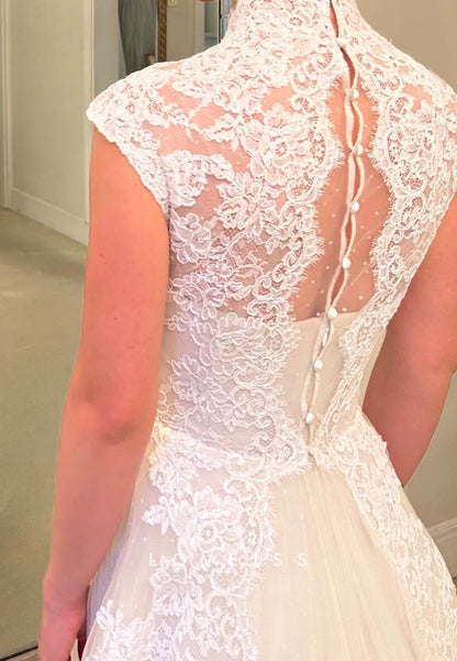 Lace Applique A-Line Wedding Gown with Cap Sleeves