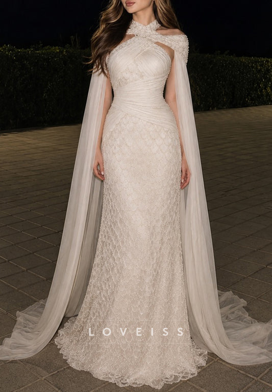 Elegant Beaded Halter Neck Cape Sheath Dress