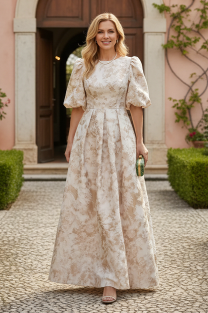 Puff Sleeve Pleated Jacquard Maxi Dress