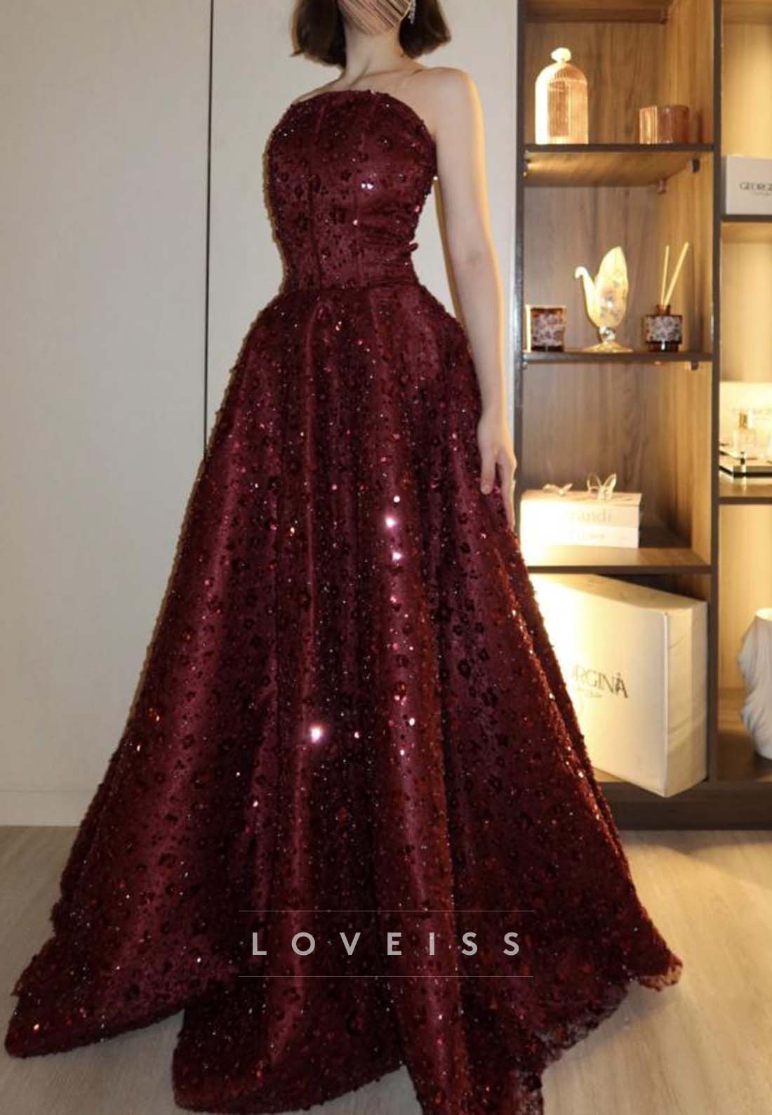 Sequin-Embellished Strapless Ball Gown