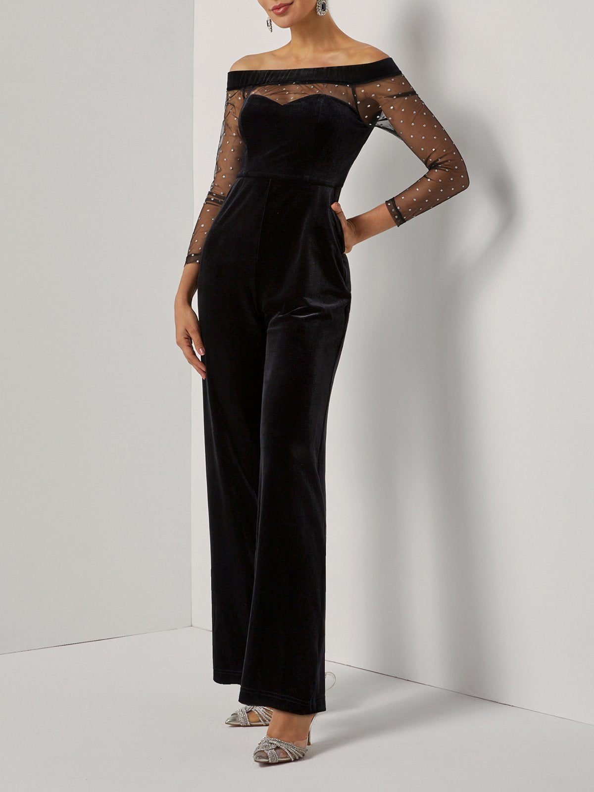 Women Velvet Black Mesh Off The Shoulder Long Sleeve Dressy Jumpsuit With Pockets
