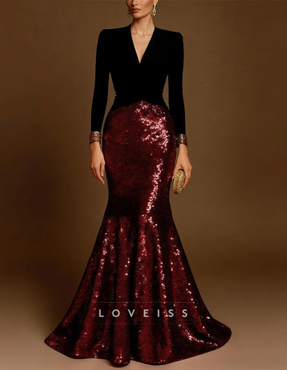 Black Mermaid V-neck Sequins Maxi Dress