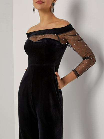 Women Velvet Black Mesh Off The Shoulder Long Sleeve Dressy Jumpsuit With Pockets