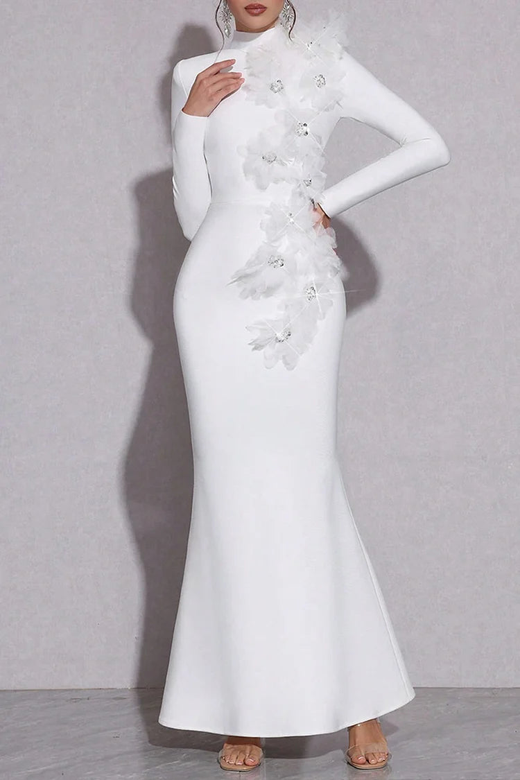 3D Rhinestone Flower Decor Mock Neck Slim Fit Party Maxi Dresses-White