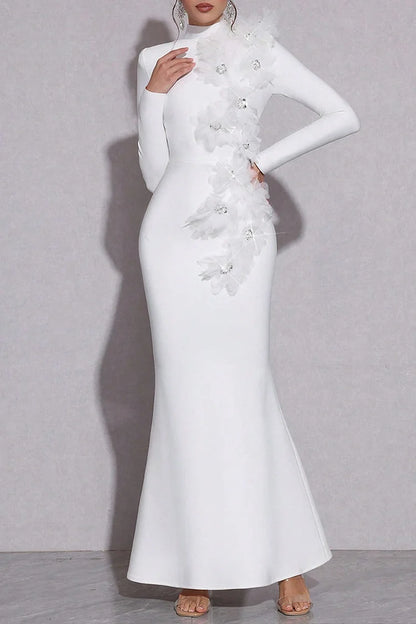 3D Rhinestone Flower Decor Mock Neck Slim Fit Party Maxi Dresses-White