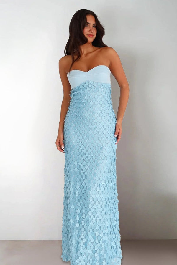 Sheath Strapless Light Blue Satin Sequins Long Prom Dresses