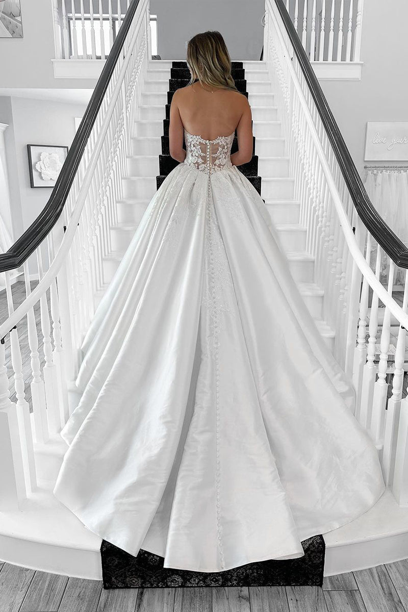 A Line V Neck Satin Long Wedding Dresses with Appliques