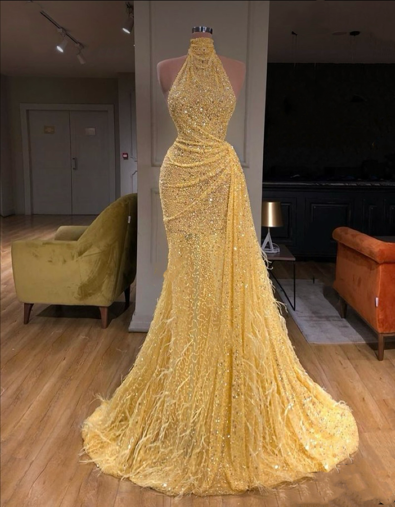 Halter Sequins Sleeveless Slim Prom Dress with Feather