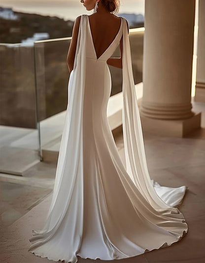 Ivory Satin V-Neck Mermaid Train Wedding Dress