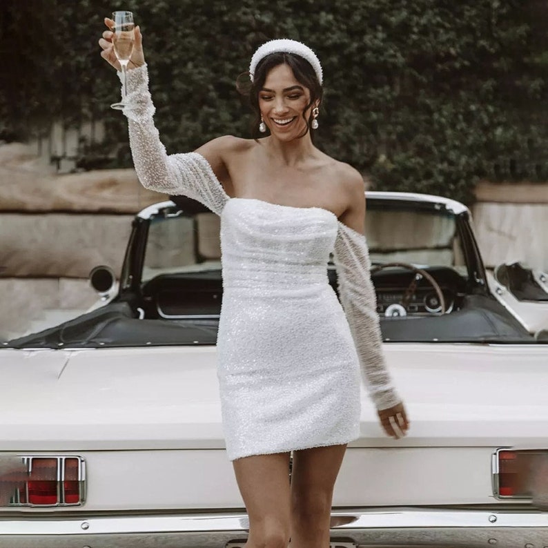 Mini wedding dresses, Shiney fitted white short bridal dress, Beaded Engagement Bridal dress, Long Sheer Sleeves white dress