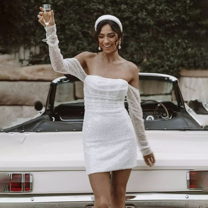 Mini wedding dresses, Shiney fitted white short bridal dress, Beaded Engagement Bridal dress, Long Sheer Sleeves white dress