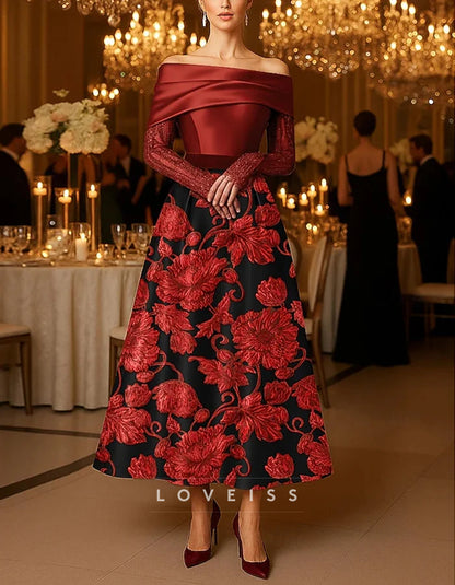 Solid Color Off Shoulder Satin Patchwork With Lace Appliqué Midi Dress