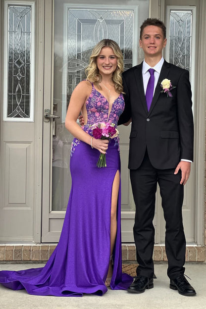 Gorgeous Mermaid V Neck Purple Satin Prom Gown with Appliques