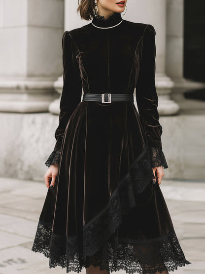 Black Velvet Lace-Trim Dress With Belt