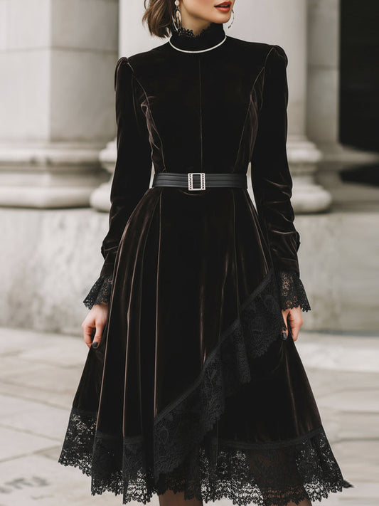 Black Velvet Lace-Trim Dress With Belt