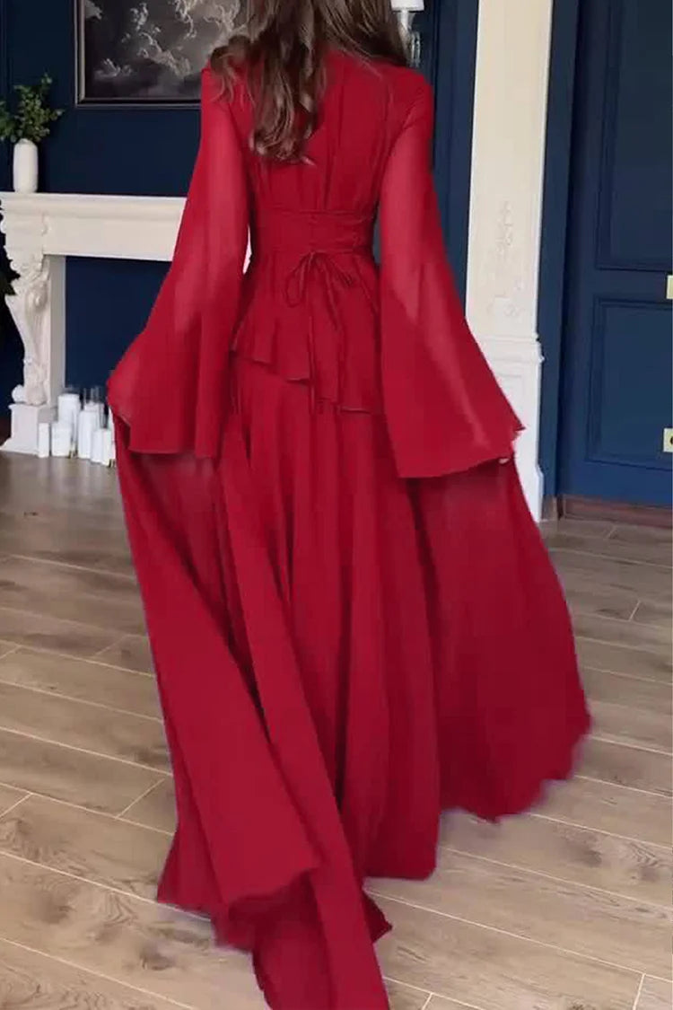 Round Neck Long Sleeve Ruffle Trim Lace Up Solid Color Maxi Dresses